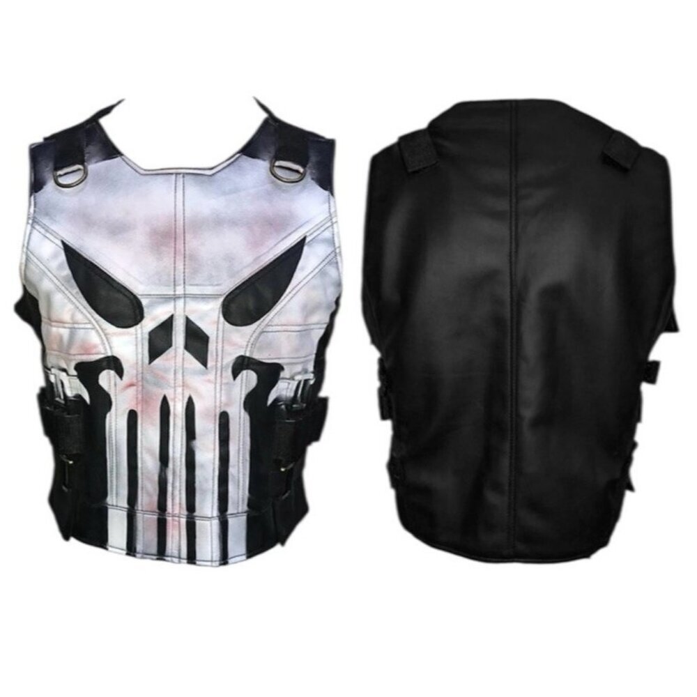 John Bernthal Punisher Season 2 Black Real Leather Cosplay Motorcycle Vest 5 XL